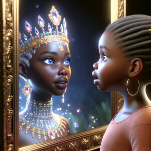 In a 3-D realistic world, a beautiful African-American child stands before a mirror. Her eyes widen as she gazes at her reflection, for the mirror reveals not just her own image but a majestic adult queen. The queen’s skin glows with regal elegance, her features exuding grace and wisdom. She wears a crown adorned with shimmering jewels, each gem reflecting the light like a thousand stars.
The child’s wonder deepens as she realizes that the queen in the mirror is none other than her future self—a powerful ruler who wears her heritage with pride. The mirror whispers secrets of destiny, urging her to embrace her potential and become the queen she sees.
And there, in this magical moment, the child and the queen share a silent pact: to honor their roots, uplift their people, and wear their crowns with unyielding strength.