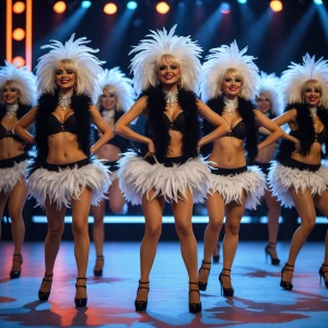 Create a photorealistic image depicting a troupe of Las Vegas showgirls adorned with black and white feather boas around their necks , performing a dance routine on a brightly lit stage.