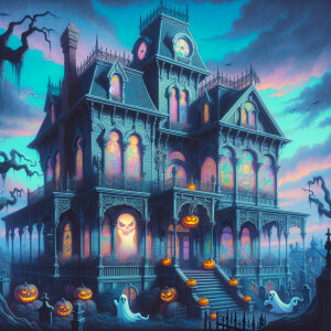 Pastel halloween haunted mansion in landscape size