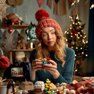 Photorealistic image. Woman making YouTube video of herself, mak...