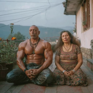 Photo HyperRealism,painting.A man muscular beefy sweaty doinga y...