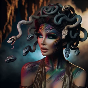 Hollywood make-up, a woman  painted to look Medusa,  mysterious...