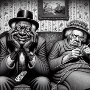 Digital art, a stylized African-American elderly couple wearing...