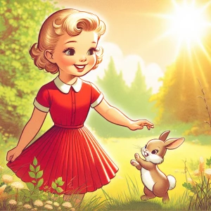 A cheerful young woman in a bright red dress standing in a sunny meadow, with a cute bunny playfully hopping at her feet