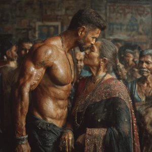 Hyperrealism photo painting. a muscular, sweaty criminal kashmir...