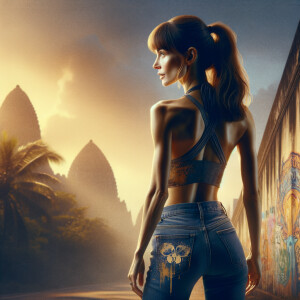 Athletic Thin skinny Attractive, Asian teenage girl, long brown hair and bangs, wearing tight skinny jeans and a halter top paint marks on her clothing, heroic pose Asian graffiti background, backside view