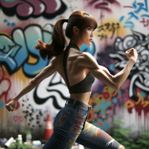 Very thin Athletic Thin skinny Attractive, Asian teenage girl, long brown hair and bangs, wearing tight skinny jeans and a halter top paint marks on her clothing, sitting side view heroic pose Asian graffiti