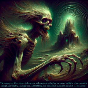 A decayed Lovecraftian Joker with skeletal features and stringy...