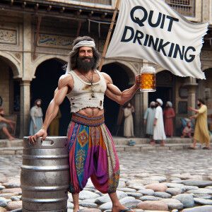 Create a funny picture: a man holding a beer keg with one hand s...