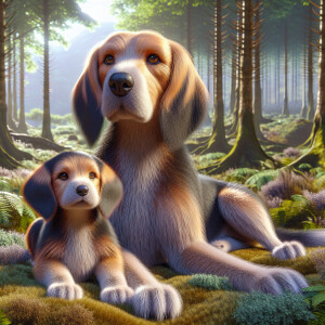 A Female hound dog with her puppy next to her 3D Photolistic rea...