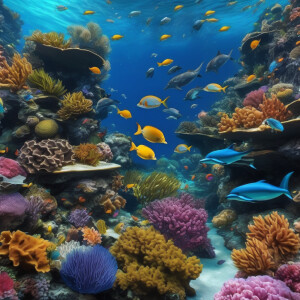 The ocean with dolphins, octopuses, small colorful fish swimming...