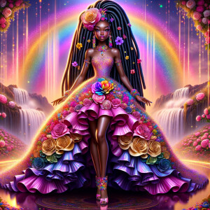 Remix Prompt
S/O Jackie Torres
S/O Panda Locke

create a animated style hyper realistic airbrush whimsical oil painting of a light African American woman wearing a flawless beautiful purple, pink, and gold blossom dress long flowing with colorful flowers and ruffles on the dress colorful jewelry made of flowers she has long black dreadlocks in a bun a colorful rose in her hair her peep toe shoes is matching her dress behind her is a beautiful waterfall liquid glowing lights beautiful colorful rainbow surrounded by beautiful roses.