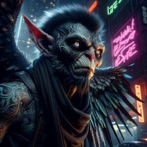 Create a hyperrealistic and dystopian image of a goblin with det...
