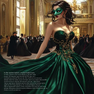 "In the opulent ballroom, a masked beauty captures every gaze, h...