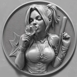 Grayscale 3d bas relief coin of harley quinn blowing a bubble an...