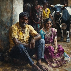 Realism style,,a muscular sweaty village head man sitting beside...