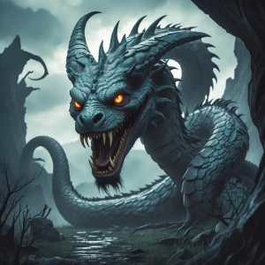 Design a terrifying and original mythical creature with elements from various mythologies, featuring sharp fangs, piercing eyes, and a serpentine body, set in a haunting landscape.