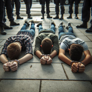 three white male teens handcuffed, laying face down on the groun...