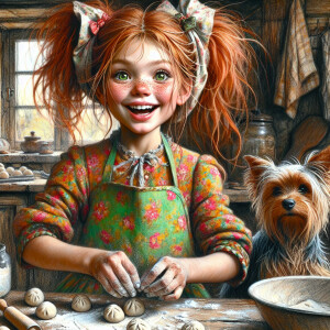 A 12 years old red-haired girl with freckles and pigtails sticki...