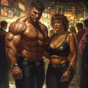 Create a realistic image of a muscular, sweaty man with a beefy...