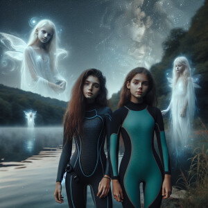 Two girls are standing near the lake at night in a hydro suit an...