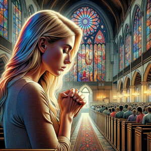 Create a realistic airbrushed illustration of a woman with long, blonde hair and huge blue eyes, praying at the altar in a church. The church is filled with an African-American congregation, adding to the diverse and spiritual atmosphere. The interior of the church features a beautiful stained glass window that casts colorful light throughout the space, enhancing the spiritual ambiance. The setting is serene and filled with a sense of community and faith, capturing the moment of prayer in a sacred environment. Ensure the illustration is detailed, with attention to the expressions of devotion and the intricate designs of the church interior, in a heavily HDR style at 300 dpi.