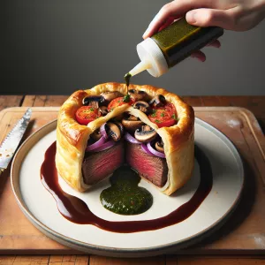 Create an image based on this menu description:
Beef Tips Wellin...