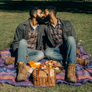 Create an image of two men both black hair and beard wearing jea...