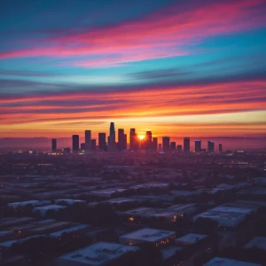 A panoramic view of Los Angeles during sunset, showcasing the ci...