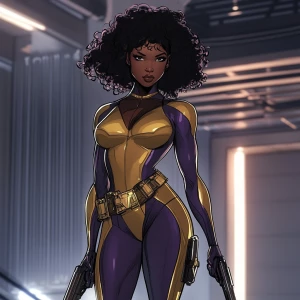 A wide camera angle of a superheroine that stands with commandin...