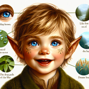 An elven baby with dark brown skin, blue eyes, and blonde hair.