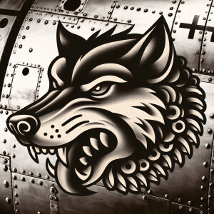 Wwii  nose art of a wolf character in an  old school tattoo styl...