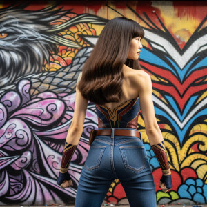 Attractive, Asian teenage girl, long brown hair and bangs, wearing tight skinny jeans and a halter top paint marks on her clothing, backside view heroic pose Asian graffiti