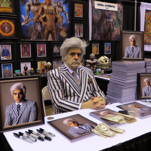 hyper realistic photo of older, gray hair, heavier BeetleJuice....