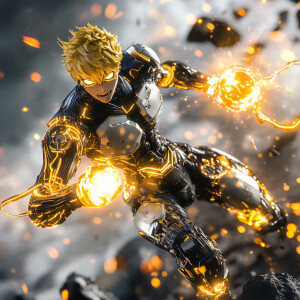 Genos, in his sleek metallic frame, channels his incineration bl...