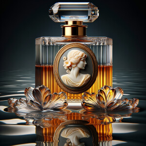 Craft an intricate digital artwork featuring an elegant perfume...