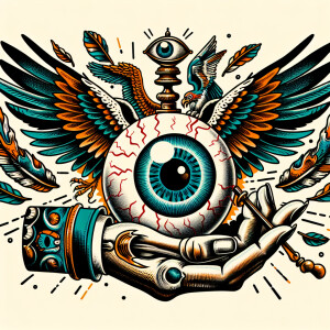 Flying eyeball with talons holding half a human bodyin an  old s...