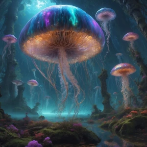 A hyper-detailed psychedelic vertical landscape of a surreal, mi...