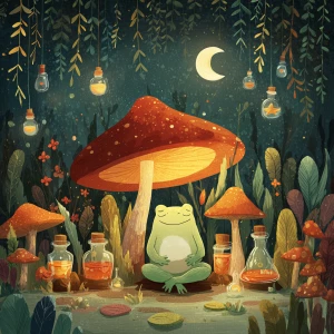 Whimsical fantasy illustration of a cute green frog peacefully m...