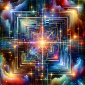 In the center of the painting, an intricately tangled network of...
