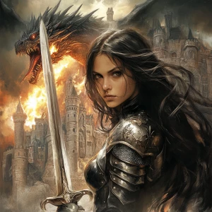 Create an image with a castle, and a dragon breathing fire in the background. Include a female knight in the forefront with her long dark hair flowing behind her back, and holding a sword. The knight should be shown in a heroic pose, and with her face as if it was looking at the camera.