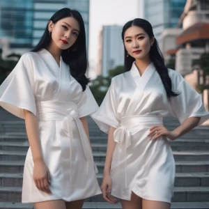 Japanese white skinned Wraith sisters wearing modern plain yukat...