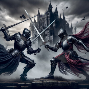 Black knight sword fighting a red and purple knight in front of...