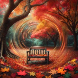 Generate an image of a tranquil autumn park, centralizing an age...