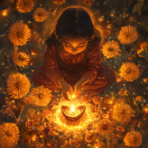 A girl illuminating a Diya surrounded by marigold flowers and fi...