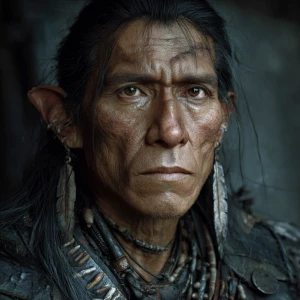 55 year old Native American man with pointy elf ears that is 6’0...