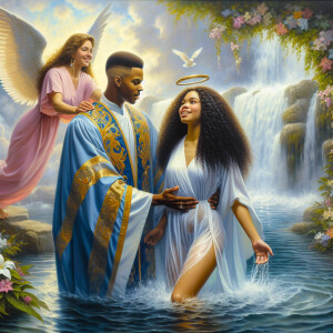 An oil painting depicting a light-skinned African-American pasto...