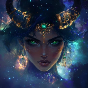 Create an image of a Taurus goddess with green eyes and head jew...