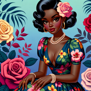 An illustrated  African-American, Betty Boop with exaggerated features reminiscent of vintage pin-up art. The character has large, expressive eyes, short wavy black hair, and is wearing a colorful, floral-print dress with a deep blue background and tropical flowers in vivid colors like yellow, pink, and red. She's seated with one hand resting gently beside her, wearing a pearl necklace and gold hoop earrings. The background is filled with lush roses in shades of pink and red.