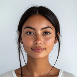 Portrait of a cute 21-year-old woman with a clean face, reflecti...